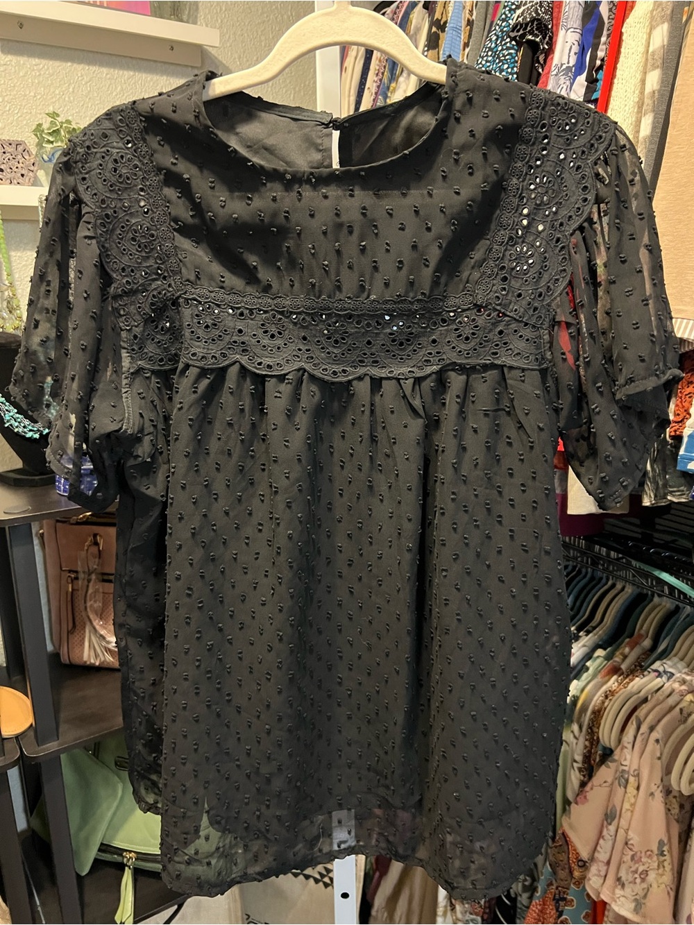 Sheer Black Swiss Dot Lace Yoke Blouse